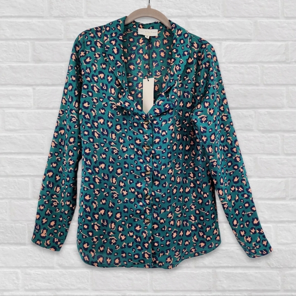 Never Fully Dressed Tops - Never Fully Dressed Chester Green Leopard Satin Button Up Blouse BNWT Medium